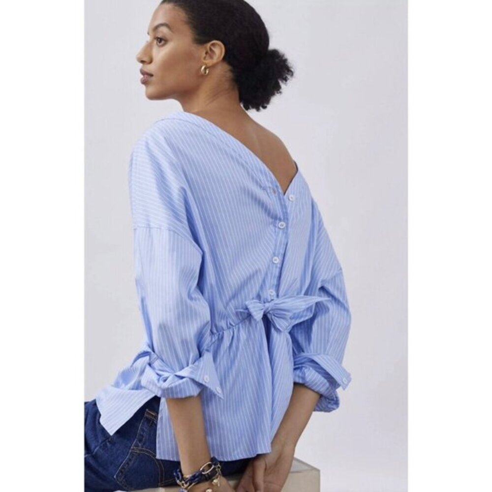 HARSHMAN for Anthropologie Small Button Back Striped Blue White Top Blouse